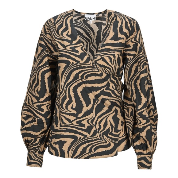 Ganni Zebra Print Poplin Wrap Top - Picture 2 of 8